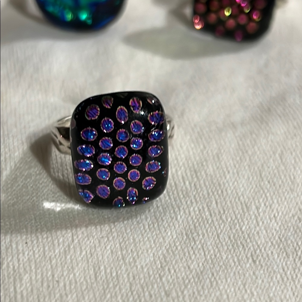 Handcrafted Dichroic Glass Black Ring with Purple Dots 6.5